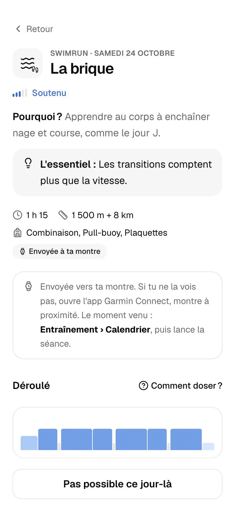 Moovi : une séance de swimrun telle que l'athlète la reçoit, avec la mention « Envoyée à ta montre ».